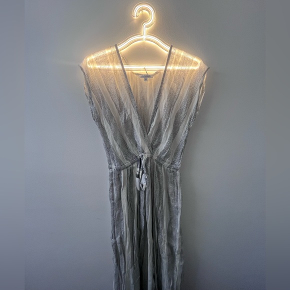 New Blue Island Silver White Wrap Maxi Dress Striped Glitter V Neck Spring - Picture 4 of 16